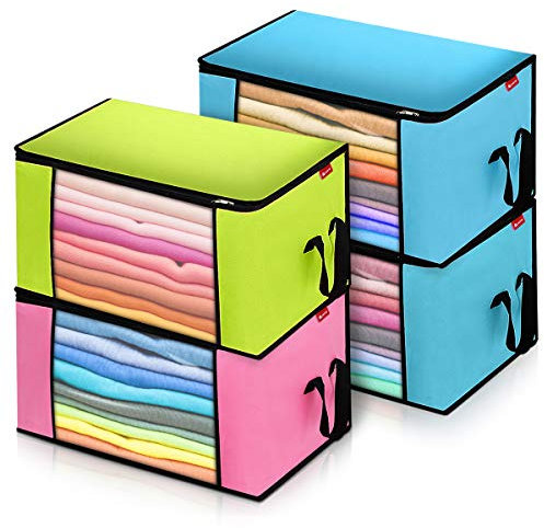 Scatole per Armadio in Tessuto Oxford per Trapunte e Coperte, Porta Abiti Grande capacità con Manico Rinforzato, Pieghevole Custodie Impermeabili antibatteriche 60x43x35cm 4pcs