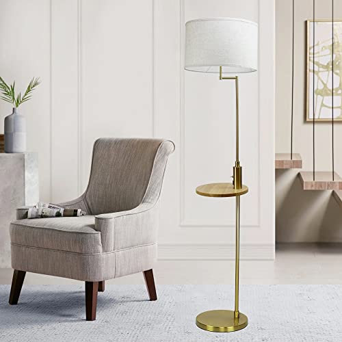 Depuley Led Stehlampe Wohnzimmer mit USB Anschluss & Kippschalter, Moderne Stehleuchte Gold mit Holz Regal aus Metall, 720lm, 9W Birne, 3000k, E27 Standlampe für Schlafzimmer Büro studio