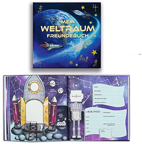 „Mein Weltraum Freundebuch“ Ausfüllbuch für Jungen und Mädchen – Freundschaftsbuch für Kindergarten oder Grundschule - Geschenk zur Einschulung - Schulfreundebuch zum Ausfüllen im Weltall Design
