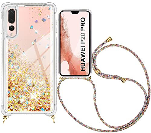Kaply Handykette für Huawei P20 Pro Hülle mit Band,Handyhülle Glitzer Treibsand Necklace Silikon Stoßfest mit Kordel Umhängenband-Silber