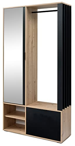 JARSTOL Fabryka Mebli Garderobe Milo I 189 x 100 x 33 cm mit Spiegel Kleiderstange Fächer Garderobeständer Kleiderständer Wandgarderobe Flur Diele Korridor Schrank (Eiche Artisan + Schwarz matt)