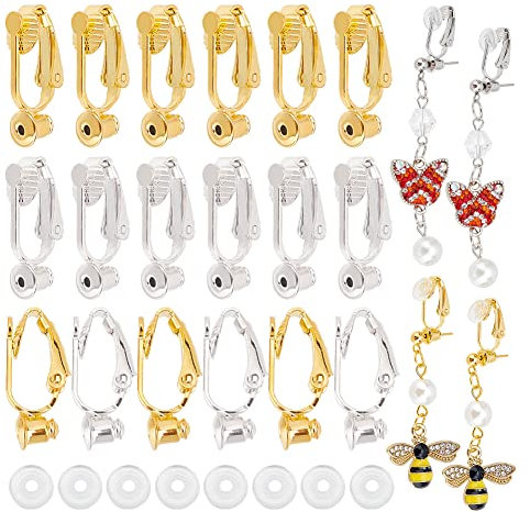 PandaHall 40pcs Ohrclip-Konverter, Ohrringclips aus Messing Nicht Durchbohrt mit Vertikalen Schlaufen und 40 Stück Komfort-TPE-Kunststoffpolstern für Herstellung von Ohrringschmuck, Platin/Golden