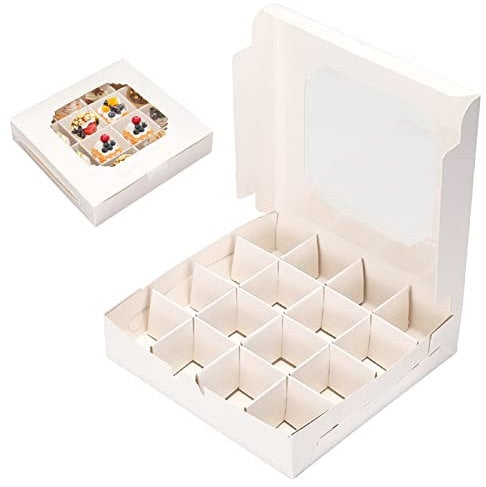 Youyijia 40PCS Cardboard Cupcake Box Dessert Divider Box with Transparent Window Holds 16 Individual Mini Cake Display Boxes for Candy Chocolate Truffle or Marzipan Fruit