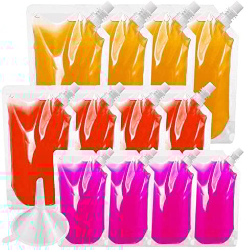 12pcs Plastic Drink Pouches,Reusable Drinks Flasks Leak Proof Alcohol Liquor Juice Plastic Pouches Bags with Spouts&Funnel for Festivals Travel Picnic Camping Party Beverage Drinks,300ml,420ml,500ml