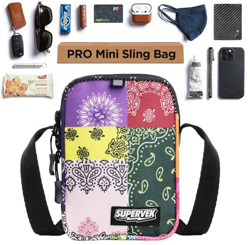 SUPERVEK Sling Bag Mini Pro – wasserdichter Reißverschluss, Stoff und verstellbarer Fliegengurt | Crossbody Brust Schulter für Männer Frauen, Patchwork Bandana, Mini