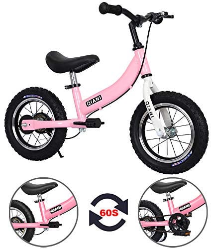 Qiani Laufrad und Kinderfahrräder 2 in 1, für 2 bis 7 Jahre Kinder, mit Bremse, abnehmbaren Pedalen und Hilfsrädern, 12 14 16 Zoll, Rot, Blau, Rosa (12 Zoll, Rosa)