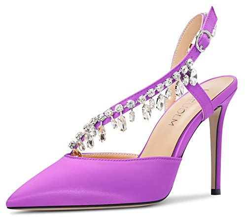 HDEUOLM Donna Spillo Alto High Tacco Heel a Punta Sandali Pumps Slingback Diamante Cristallo Feste Cute 10 CM Heels Viola 44 EU