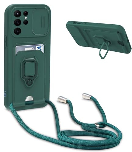 YFSYLL Coque Compatible avec Samsung Galaxy S22 Ultra 5G,Collier pour Étui Colliers de cellulaire Réglable Lanyard Silicone Case,Protection caméra,Support Annulaire,Fentes pour Cartes,Vert Foncé