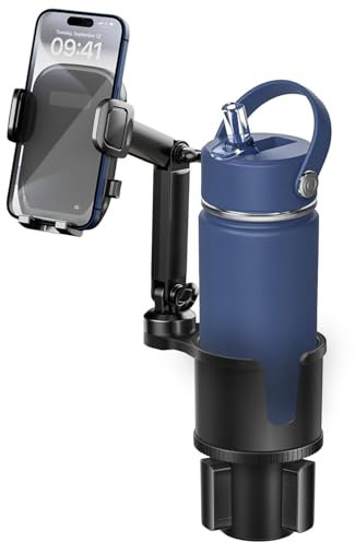 Cup Holder Phone Holders for Your Car Cup Holder Expander with Expandable Base, 2 in 1 Universal Hands Free Adjustable Height Long Neck Cellphone Car Mount Sturdy Fit with Large iPhone and Bottle