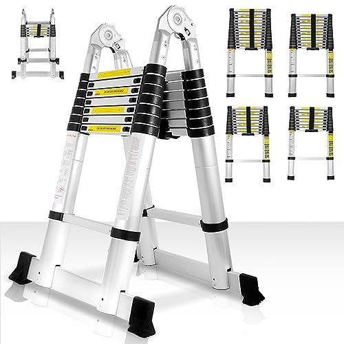 Gimisgu Aluminium Teleskopleiter, 3.8 m Teleskop Klappleiter, Mehrzweckleiter Rutschfester Ausziehleiter Alu-Klappleiter Ausziehbare Leiter bis 150 kg Belastbarkeit