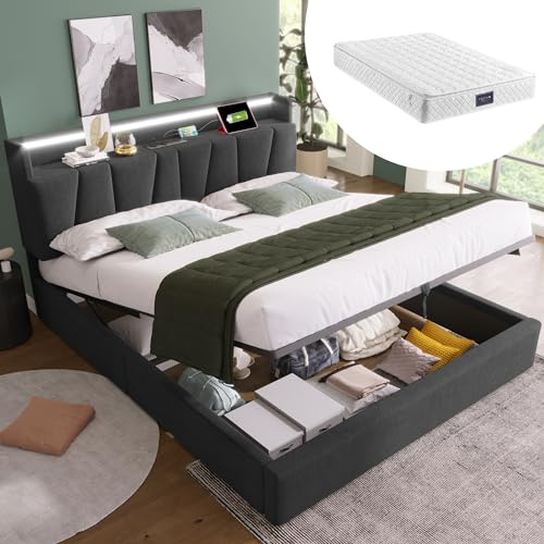 Polsterbett mit USB Ladefunktion und LED Stauraum Kopfteil, Stauraumbett Hydraulisch Doppelbett 160x200cm, Lattenrost aus Holz, Bett mit Lattenrost aus Metallrahmen, Leinen Grau (160x200cm + Matratze)