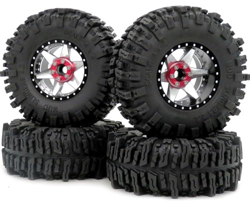 hobbysoul RC 2.2 Schlammschlinger-Reifen, 124 mm & 2,2 Beadlock-Räder, verstellbare Offset-Felgen, 6 Speichen, schwarz, silber, für RC Mud Crawler Trail Gen8 Capra Wraith TRX4, 4 Stück