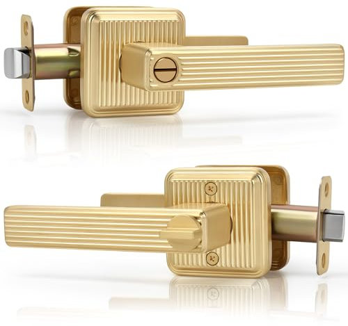 Gaurqiah Square Keyless Heavy Duty Door Handle, Stripe Style Privacy Door Lever with Lock, Reversible Door Handle for Bedroom & Bathroom, Satin Brass Finish
