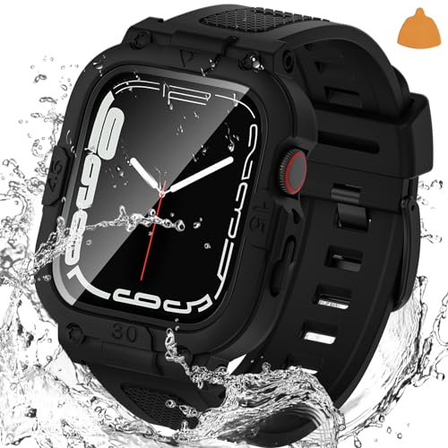 Goton Funda impermeable 3 en 1 y correa con protector de pantalla de vidrio templado para Apple Watch Series 9, 8, 7 de 41 mm, funda rígida de policarbonato para accesorios iWatch, 41 mm, negro mate