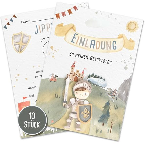 10er-Set Ritter Einladungskarten für Kindergeburtstag | Mittelalterliche A6 Partyeinladungen | Ritterhelm & Burgmotiv | Heldenhaftes Fest für Kinder (10 Einladungskarten)