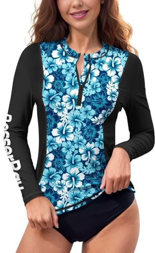 BesserBay Damen Langarm UV Shirt Schnelltrocknend 1/4 Zip UPF 50+ Rash Guard Blau & Flora L