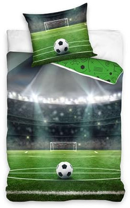 Carbotex Wende-Bettbezug- und Kissenbezug-Set aus 100% Baumwolle mit Fußballtor-Stadion-Einzelbett
