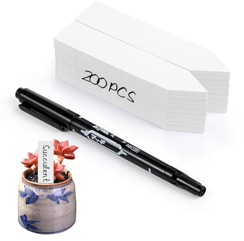 Amabro 200pcs PVC Plant Labels for Outdoor Plants, Garden Waterproof Plant Tags, 2 x 10cm Plant Name Labels with Quick-Drying Marker Pen for Potted, Seeds, Floral Flowers, Vegetables (White)