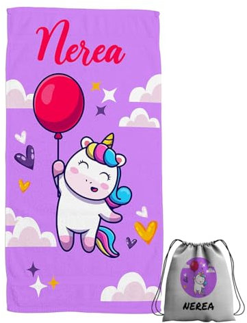 ZPUBLI+ Toallas de Playa o Ducha Personalizadas con Nombre o Frases. Toallas Infantiles, Regalo Infantil Original para baño, Piscina, Playa, Camping. Varias Medidas. (Unicornio Globo, 80x160)
