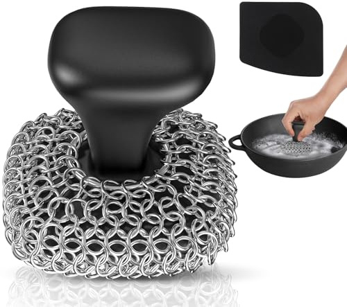 Purgreat Cast Iron Scrubber | Dish Scrub Brush | 316 Cast Iron Cleaner Chainmail Scrubber for Cast Iron Pan Skillet Cleaner - Dish Scouring Pad Dishwasher Safe Cleaning Kit, Black 03