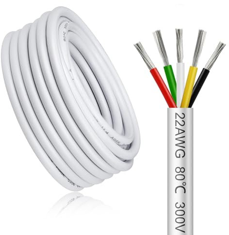 20 Meter 22AWG 5x0,3mm² Elektrischer Kabel, 5 Adriges Kabel 5V/12V/24V/300V Weiß Verzinntes Kupferkabel, Flexibel und Weich Niedrige Impedanz Hohe Temperaturbeständigkeit Verlängerungskabel