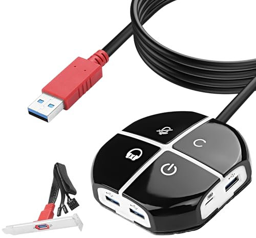 MEIRIYFA Externer Desktop Computer Netzschalter, Externer PC Computer Gehäuse Schalter mit 3 USB Ports, EIN-/Zurücksetzen, Audio Mikrofon Port, Typ C Netzteil Port für Zuhause, Büro Internet - 110CM
