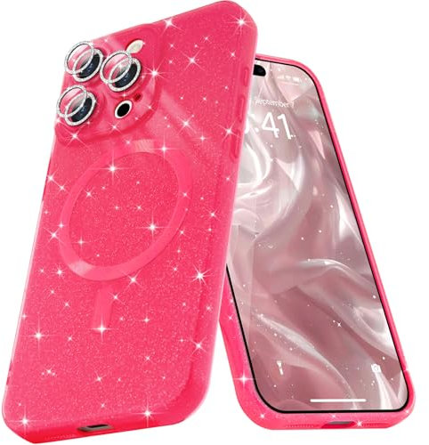 Micoden for iPhone 16 Pro Max Case [Compatible with Magsafe] Magnetic Phone Case Glitter Bling Sparkle Women Girl Shockproof with Camera Protector for iPhone 16 Pro Max,Hot Pink