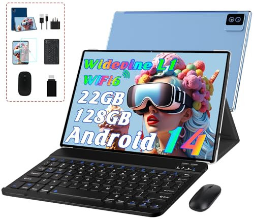 2025 Newest Android 14 Tablets 10 Inch Tablet, 22GB+128GB/2TB, 8000mAh, Octa Core2.0Ghz, 5G/WiFi 6, Widevine L1 FHD, BT5.0, Netflix/Face Unlocking, 13MP, GPS, OTG, GMS Tablet with keyboard&Mouse-Blue