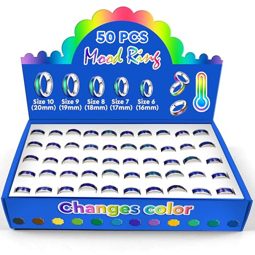 50 Pcs Mood Rings for Women and Men Bulk – Color Changing Mood Ring in 5 Sizes (6–10) – Corrosion Resistant for All Ages with Unique Design | Bridal Shower, Wedding Favors, Birthday Party & Gifts