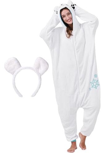 corimori Flauschiges Eisbär-Kostüm für Erwachsene mit Haarreif | Karneval Kostüm Onesie für Damen, Herren | Körpergröße 170-180cm
