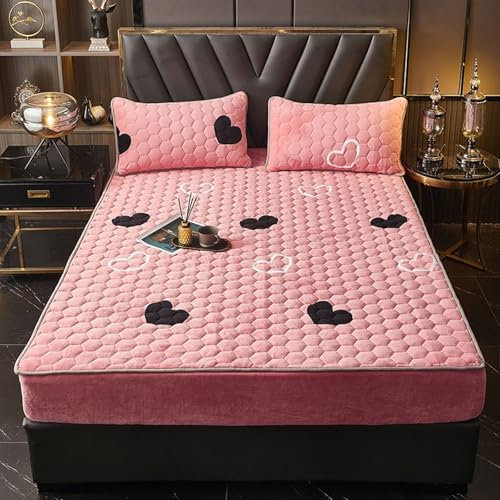 Grewod Spannbettlaken 200x220cm mit 2 Kissenbezügen Set, Höhe 25 cm, Samt Spannbetttuch Rosa Herz Muster Gedruckt Spannleintuch