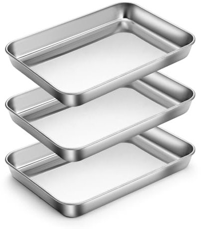 3 Packs Stainless Steel Baking Sheet 9.4 x 7 x 0.9 in, Nonstick Cookie Sheet Tray, Silver Rectangle Baking Pans Set for Oven Cooking Kitchen Barbecue Grill Cake Food Prep (3 Packs)