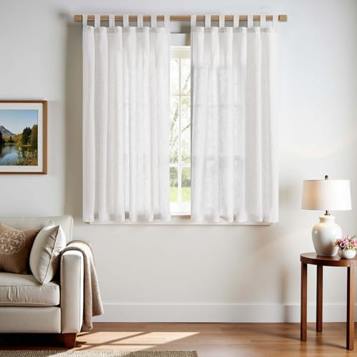 TOPICK Weiß Gardinen mit Schlaufen Leinen Vorhänge für Wohnzimmer Schlafzimmer Stores Fenster Lichtdurchlässig Lichtfilterung Vorhang Bauernhaus Landhausstil Gardine küche 2er Set 140Bx145H (cm)