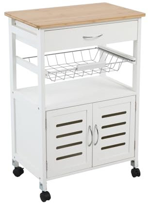 SVITA Küchenwagen auf Rollen mit Arbeitsplatte Holz Bambus Servierwagen Korb Kücheninsel freistehend Weiß