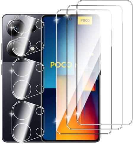 Dlxiks Protector de Pantalla para Xiaomi Poco M6 Pro 4G, 3 Cristal Vidrio Templado con 3 Protector de Lente de Cámara, Sin Burbujas, Antiarañazos, HD Transparente
