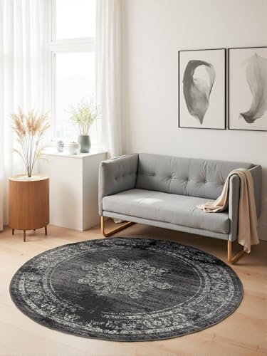 Hanse Home Lydia Kurzflor Teppich Rund – Orientalischer Wohnzimmerteppich, Kurzflor Klassisch, Weich im Orient Design für Wohnzimmer, Schlafzimmer, Esszimmer, Flur – Grau, Ø120cm