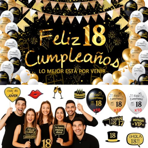Decoración 18 Cumpleaños Photocall Pancarta 110x80cm Fiesta 18 Años Mujer Hombre 30 Globos Banner Telón Fondo Fotocol Español – Accesorios Divertidos – Fiesta Adultos Elegante Cartel Celebración