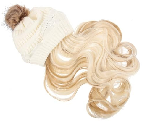 ELAYARD Häkelmütze mit Abnehmbarer Langer Gewellter Perücke für Damen Warme Wintermütze Beanie mit Haaren für Cosplay und Alltag