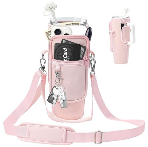 AOWVUTS Sac pour Stanley Cup 40oz Porte-Bouteille d'eau Thermo Stanley avec Bandoulière Réglable Sangle et Pochette de Téléphone Accessoire Stanley Tasse pour Randonnée Voyages Camping (Rose)