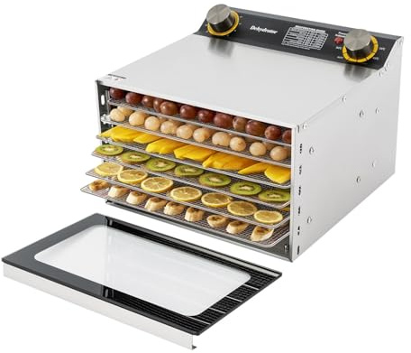 Dörrautomat Edelstahl Dörrgerät Dehydrator mit 6 Gittereinsätzen für Lebensmittel Trocknung 400 W Temperaturregelung für Obst Gemüse Fleisch Küchen Einsatz