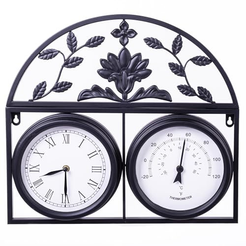 Highgrove Garden Wall Clock & Thermometer, Weatherproof Outdoor Clock, Powder Coated Steel, Classic Floral Design, Durable Weather Resistant, Black or Cream (Sleek Black)