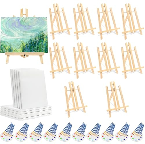 130Pcs Canvas Easel Set, 10 Easels, 10 Canvas, 10 Palettes, 100 Brushes | 8 x 10 Inch Canvas for Acrylic, Oil, Watercolour Painting, Art Parties, Classes and Group Craft Activities