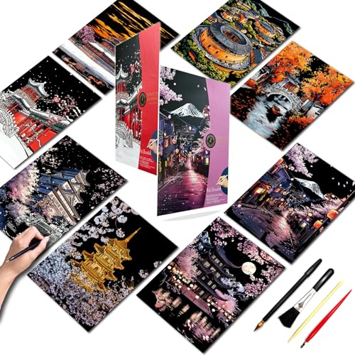 Kratzkunst für Erwachsene und Kinder, Laser-Kratzmalerei-Bastelset (8 Bögen, 40,6 x 27,9 cm), Foliengravur, Kunst-Set, Stressabbau, Geschenk für Reiseliebhaber, Bastelliebhaber, Kratzmalerei
