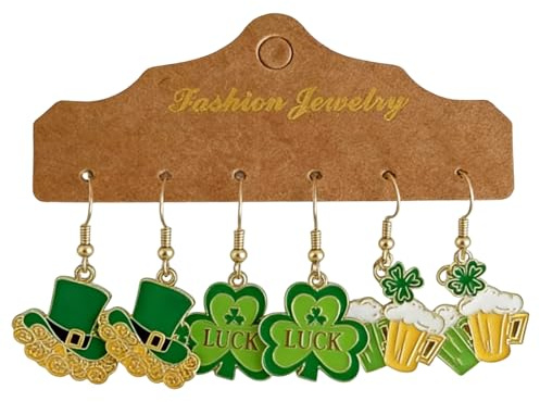 3 Paar St. Patrick's Day Ohrringe Set für Damen - Kleeblatt mit LUCK, Grüner Hut & Bierkrug Motive - Lustige Accessoires für Kostüm Party, Karneval & Silvester - Hängende Ohrstecker Grün Schmuck