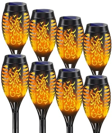 Lorrtta 8 Pack Solar Flickering Dancing Flame Lights, IP65 Waterproof, Solar Flame Torch Lights, 12 LED Auto On/Off, 52 CM Tall Outdoor Garden Light for Pathway Patio Lawn Yard Garden Decoration