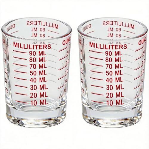 IERKLMMO 90ml / 3oz Glass Measuring Shot Cups Set of 2 with Dual Scale (ml & oz), Clear Espresso Measuring Glasses with Heavy Base, Small Liquid Measure Cups for Coffee, Milk, Cocktails & Spirits