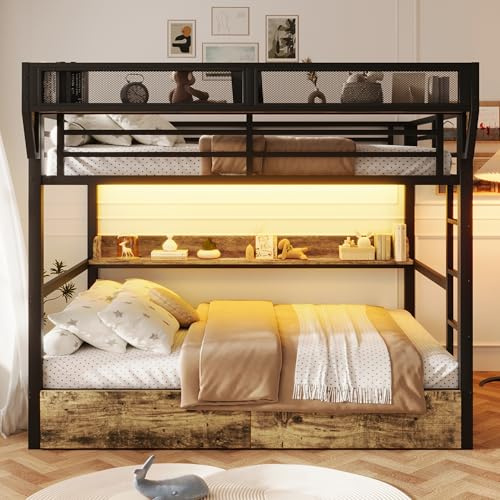 Yrxin Letto a castello 140 x 200 cm, letto in ferro con luce LED, ripiano portaoggetti, 2 cassetti in ferro, letto per bambini con rifugio e scala, senza materasso