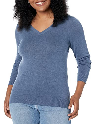 Amazon Essentials Jersey Ligero de Manga Larga con Cuello en V y Corte Estándar (Disponible en Tallas Grandes) Mujer, Azul Mezcla, L