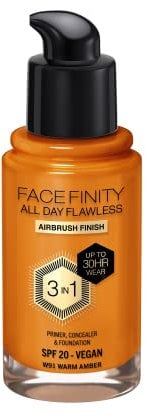 Max Factor Facefinity 3-in-1 All Day Flawless Liquid Foundation, SPF 20 - 91 Warm Amber, 30 ml