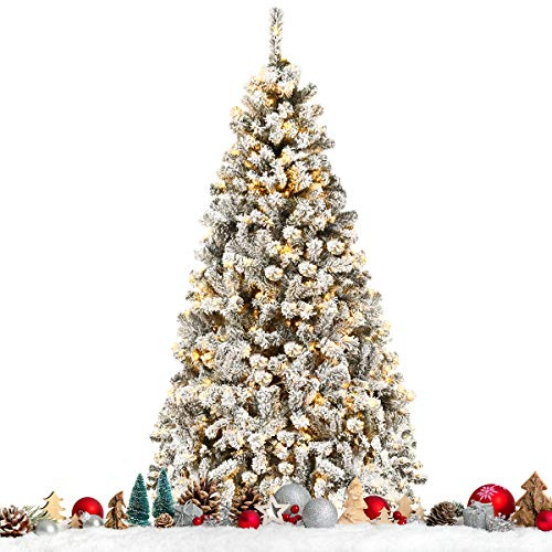 COSTWAY Arbre de Noël Enneigé Artificiel 180 CM, Sapin de Noël Floqué avec 250 LED et 600 Branches, Matériel PVC Sapin de Noël avec Socle en Métal, Idéal pour Une décoration de Noël